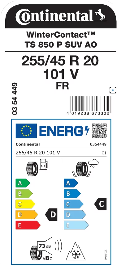 CONTINENTAL 255/45R20 101V FR WinterContact TS 850 P SUV AO