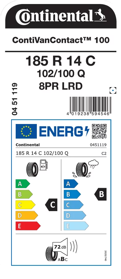 Continental 185R14C 102/100Q ContiVanContact 100 8PR